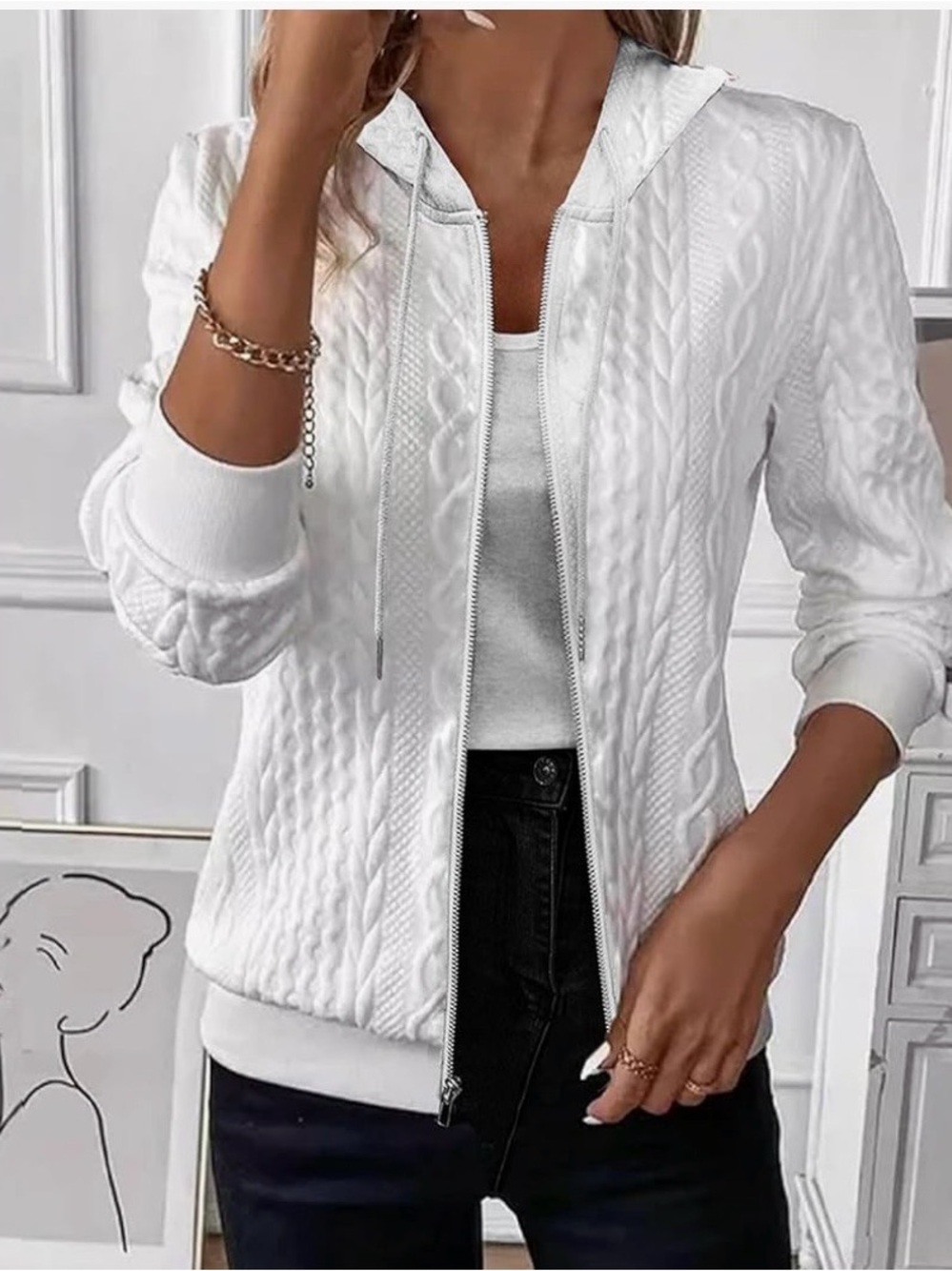 Women's White Cable-Knit Zip Hoodie